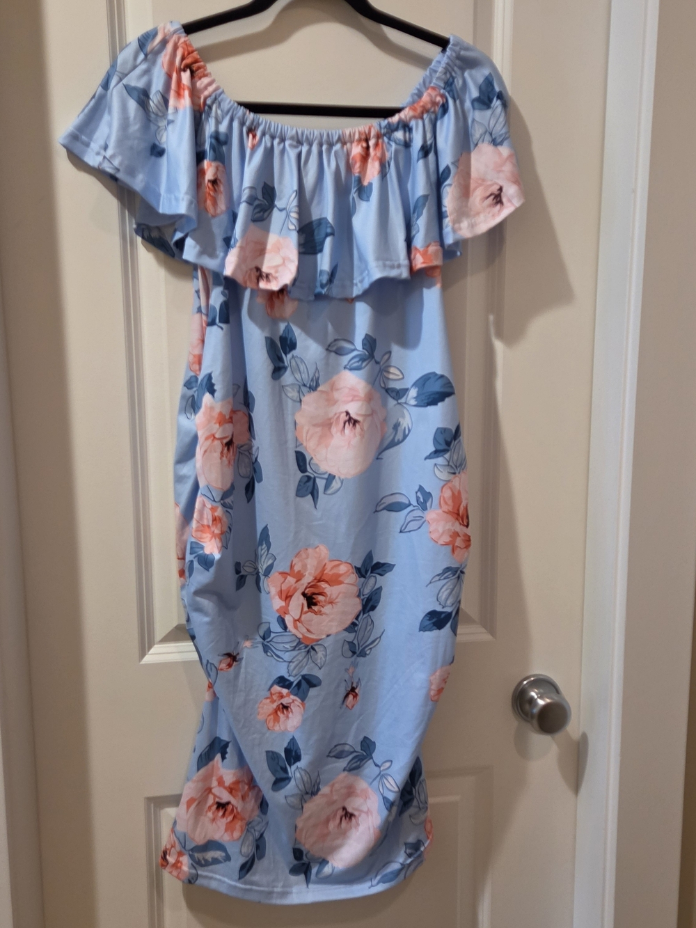 Amazon Light Blue Maternity Off-Shoulder Midi Dress with Pink Floral Print